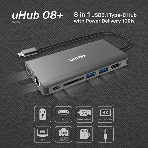 Unitek D1019A Type-C Hub USB3.1 with HDMI/VGA/GB/SD/PD100W-2